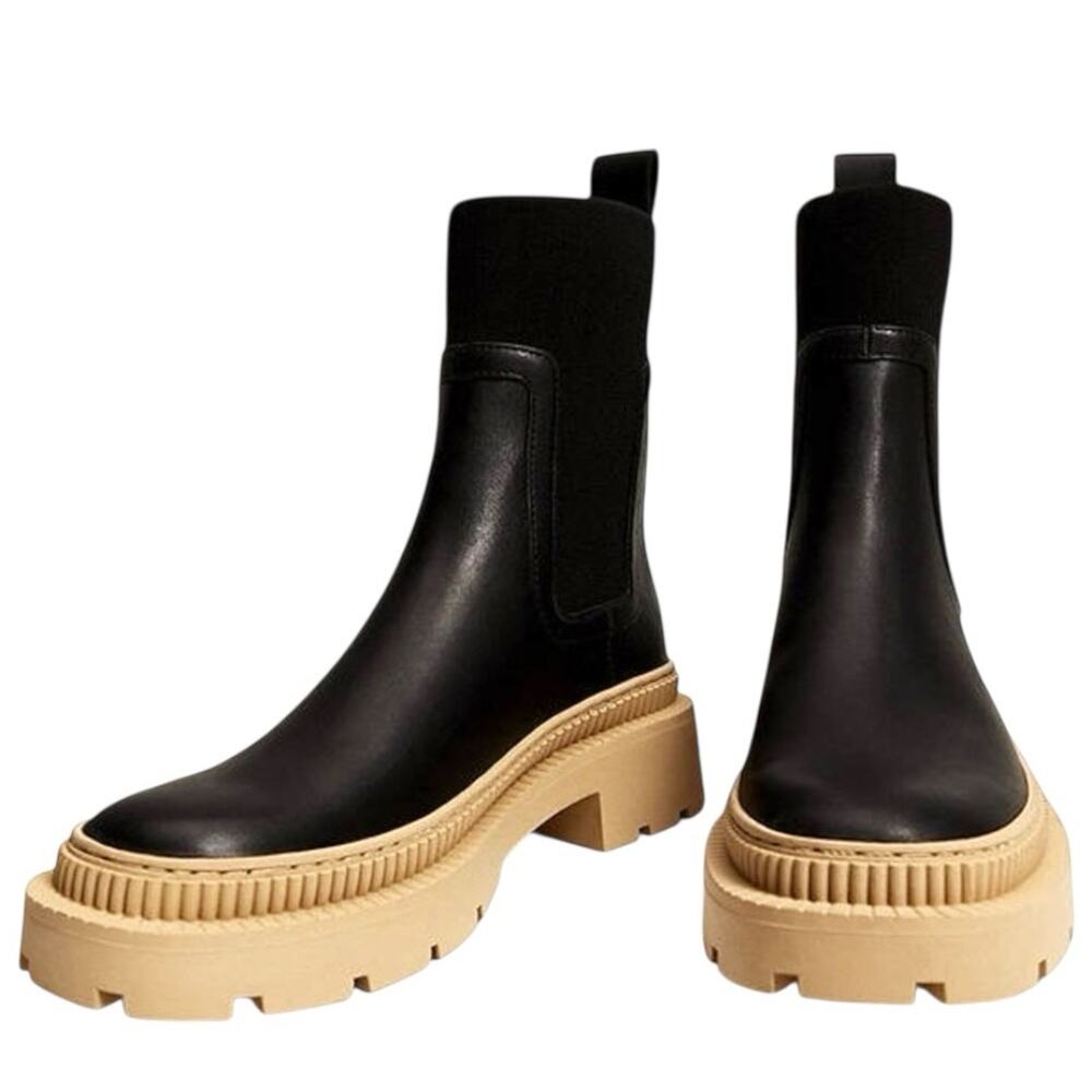 Mango Black Leather Ankle Boots Tan Sole Round Toe Womens 8.5 EU 39 - Picture 2 of 9